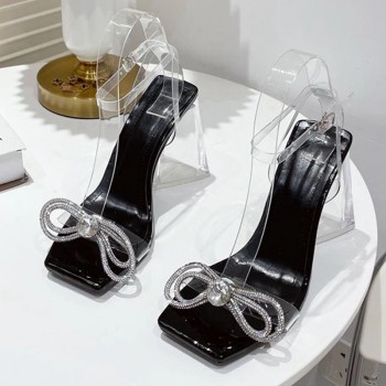  Elegant Rhinestone Bowknot Design Strange Perspext High Heels Square Toe PVC Transparent Clear Shoes